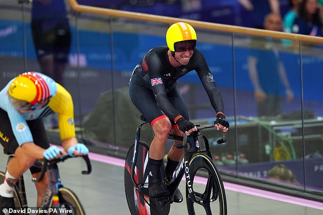 Wood (pictured) was back on his bike in the men's Madison final but appeared injured.