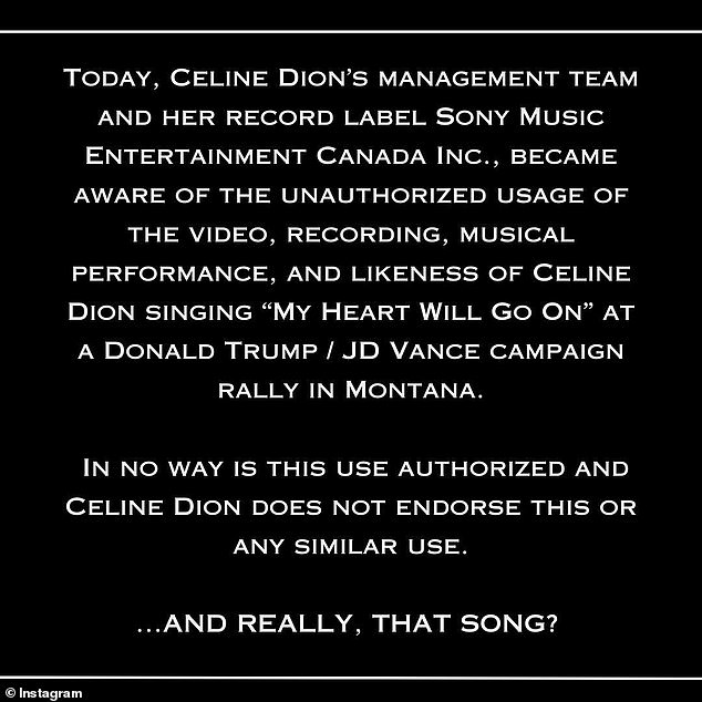 Pictured: Céline Dion's full statement on Trump's use of her song