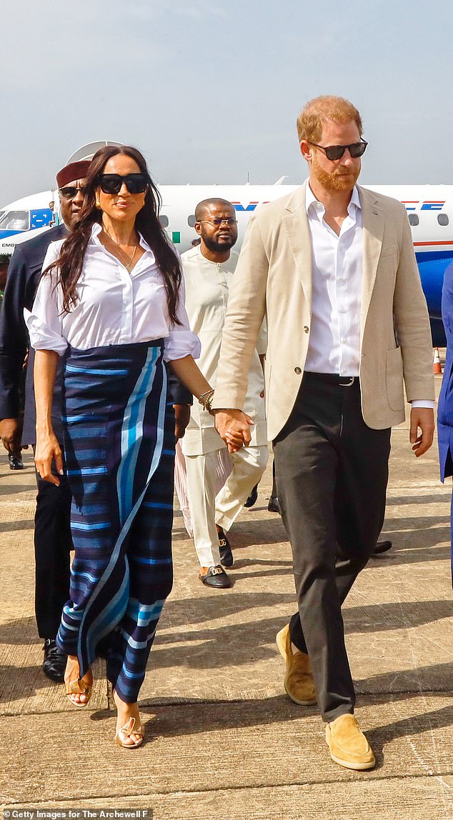 Harry and Meghan arrive at Lagos Airport for the official State Welcome on May 12, 2024 in Lagos, Nigeria