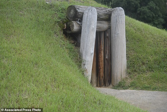 The entrance to Earth Lodge, where Native Americans held council meetings for 1,000 years until their forced removal in the 1820s,