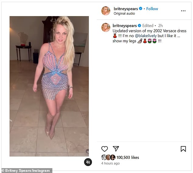 The Toxic singer, 41, posted a video of herself in a bedazzled pink and blue mini dress with side slits set to The Outfield's 1986 hit Your Love.