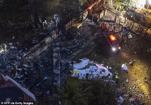 Aerial view of the remains of a plane that crashed with 62 people on board in Vinhedo