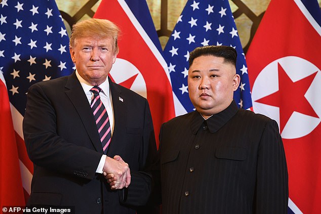 The real Donald Trump shakes hands with North Korean leader Kim Jong Un in Hanoi on February 27, 2019