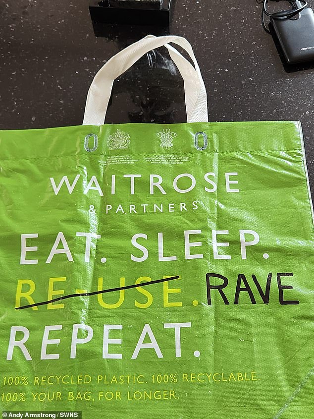 Andy personalised his Waitrose bag (pictured) as he enjoyed a 24-hour adventure to Ibiza and back.