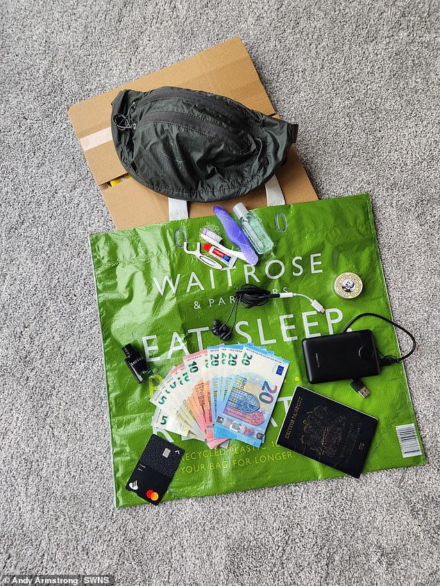 The contents of Andy Armstrong's bag. A party-loving dad jetted off to Ibiza for a 24-hour party, with nothing but a change of clothes in a Waitrose bag