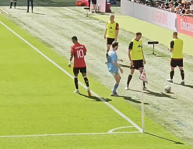 Bernardo Silva can be seen running to collect a ball out of play during the FA Cup final in May.