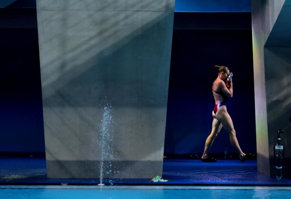 The divers warm up in the women's 10m platform preliminary at the Paris 2024 Olympic Games