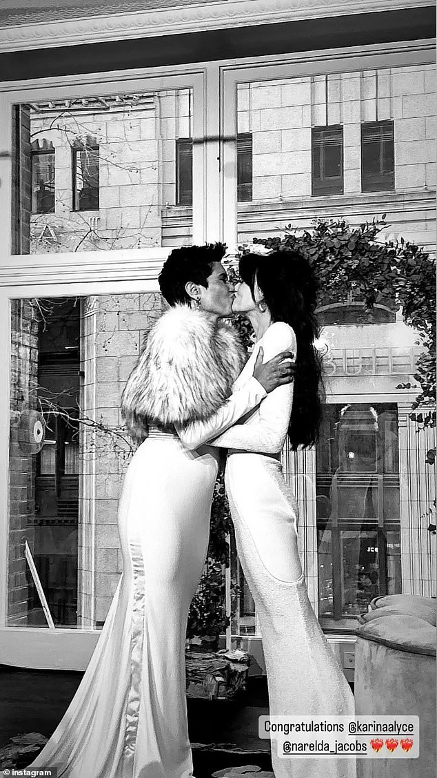 Narelda and her new wife opted for white ensembles, with the TV star choosing a fitted dress with fur detailing by Australian luxury brand Zhivago.