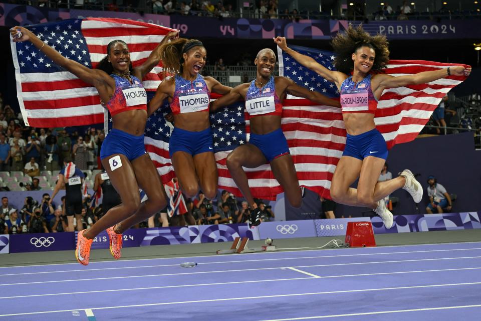 The American women were particularly dominant, winning their relay by more than four seconds. (Andrej Isakovic/AFP via Getty Images)