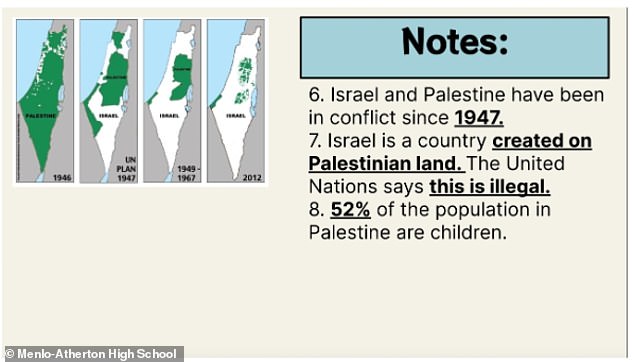 However, some of the course content has been mired in accusations of anti-Semitism. An ethnic studies teacher at Menlo-Atherton High School in Sequoia sparked outrage after she wrongly claimed in her class that the United Nations considered the creation of Israel illegal (pictured)