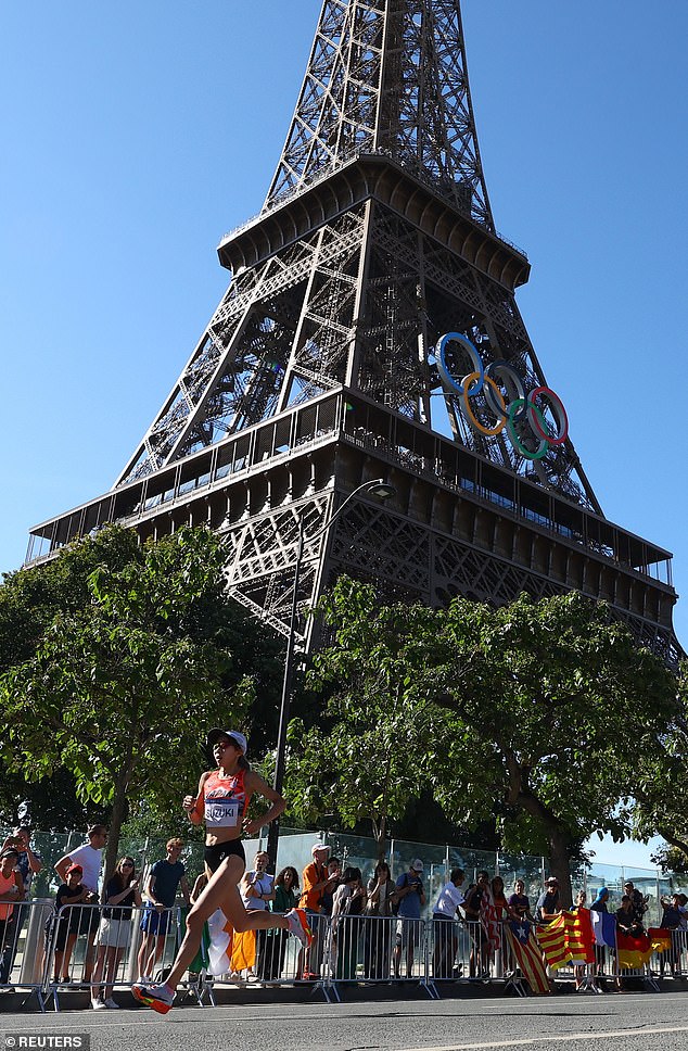 It was seen just above the Olympic rings that adorn the second section of the monument, just above the first observation deck.