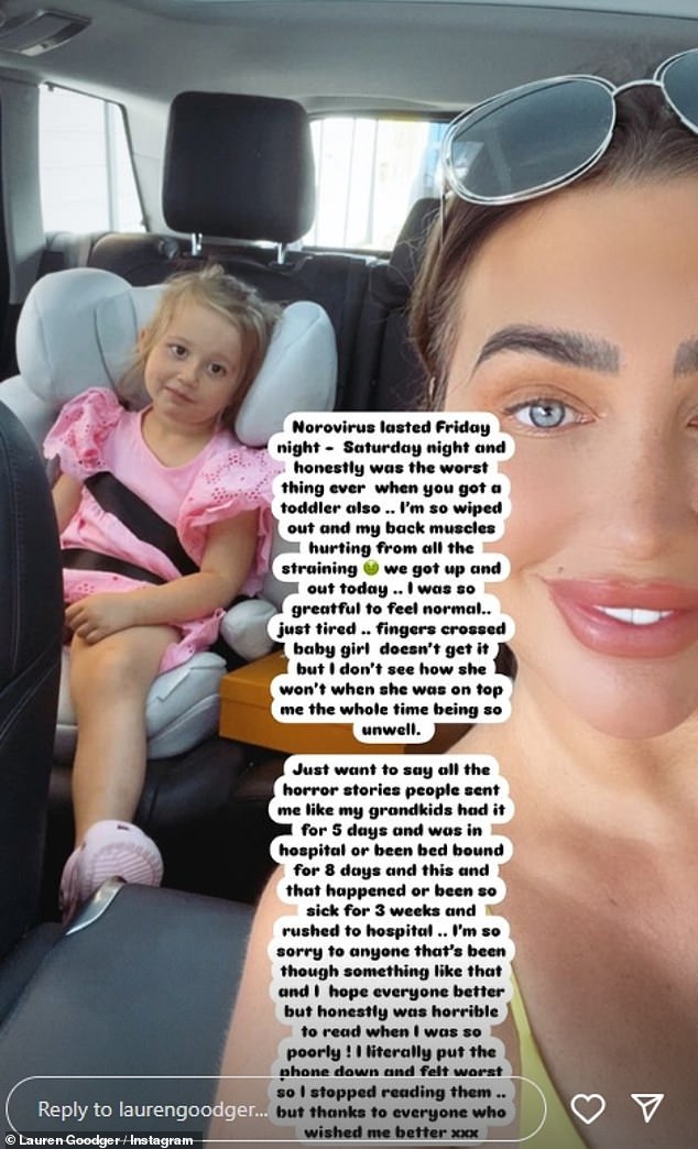 The TOWIE star, 37, took to her Instagram Stories to share that she has been trying to recover from norovirus.