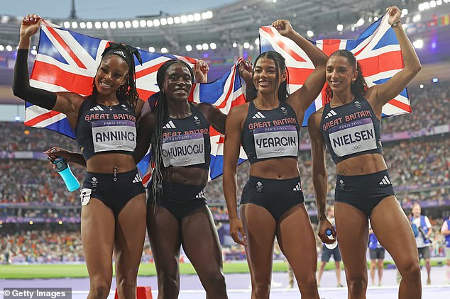 Team GB's Amber Anning, Victoria Ohuruogu, Nicole Yeargin and Laviai Nielsen celebrate bronze in the women's 4x400m final on Saturday