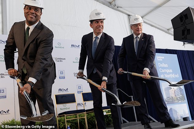 Ross Perot Jr., president of Hillwood Development Co LLC, from right, John Waldron, president and chief operating officer of Goldman Sachs Group Inc., and Eric Johnson, mayor of Dallas, during a groundbreaking ceremony for Goldman Sachs' new campus in Dallas