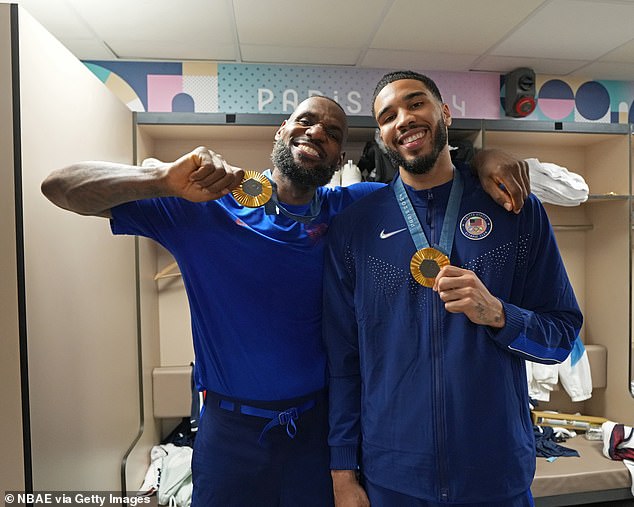 NBA rivals LeBron James and Jayson Tatum celebrate their gold medal win over France