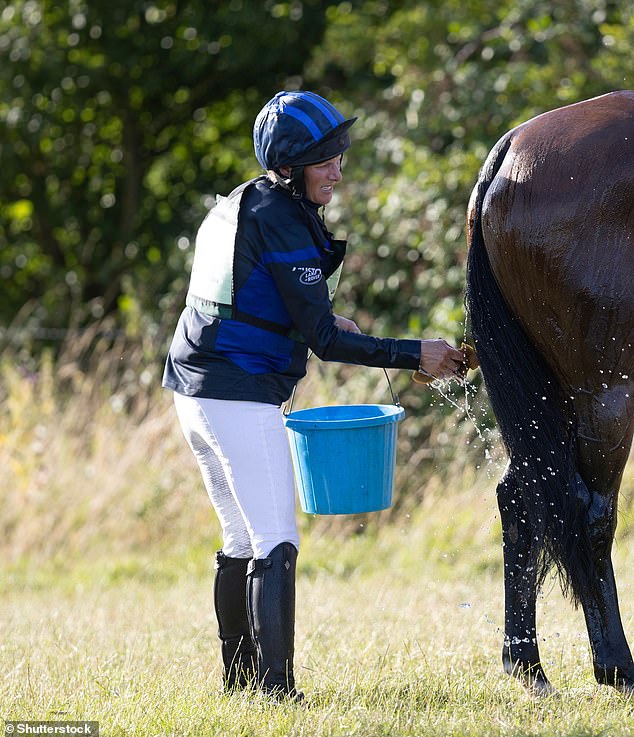 Zara cleaned up her horse after a busy day of competition at The Hartpury International Horse Trials.