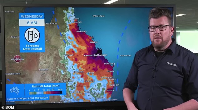 BoM meteorologist Dean Narramore (pictured) said the trough could stagnate on Monday or Tuesday, leading to heavier rainfall concentrated in central Queensland.