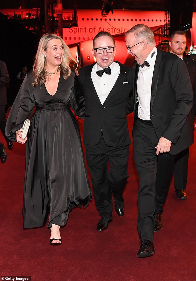 Mr Joyce was chief executive of Qantas for 15 years before resigning in September last year (pictured with Prime Minister Anthony Albanese and his wife Jodie Haydon)