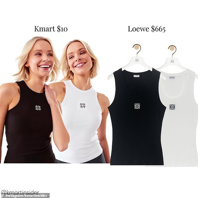 Kmart's ribbed embroidered tank, $10, bears a striking resemblance to Spanish luxury brand Loewe's ribbed embroidered stretch cotton tank, $665