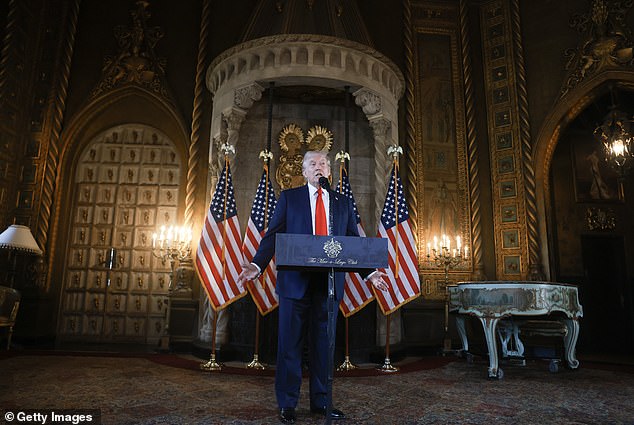 Republican presidential candidate former President Donald Trump speaks during a news conference at his Mar-a-Lago estate