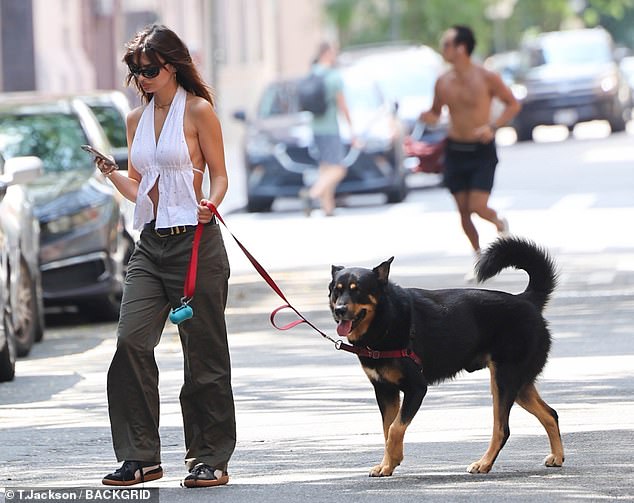 She oozed showbiz glamour in a sparkly white halterneck top that left little to the imagination and loose-fitting green trousers held up by a belt.