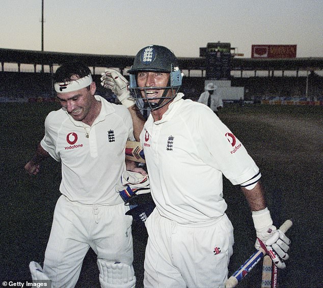 England captain Nasser Hussain (left) and Graham Thorpe (right) celebrate after England won a historic series against Pakistan in 2000. They were best friends.