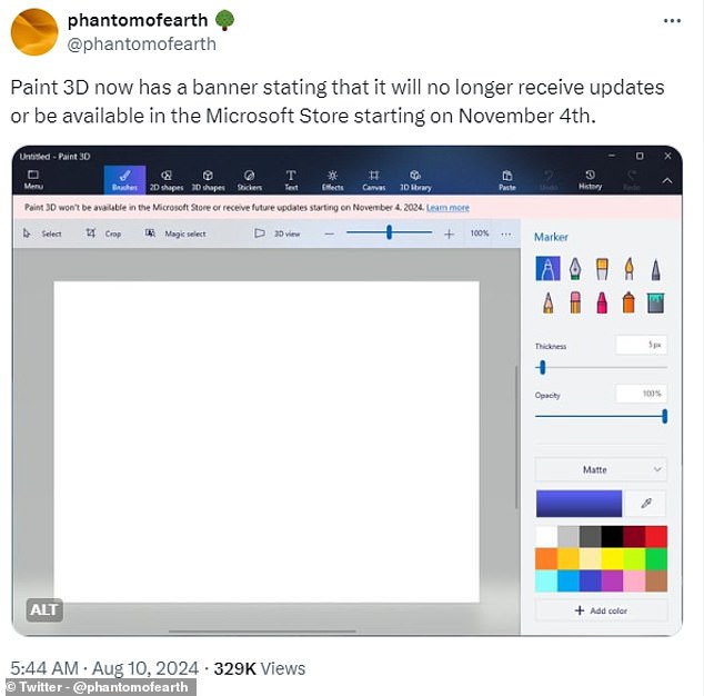 The news was first reported by famous leaker 'phantomofearth', who spotted a banner in the Paint 3D app. 'Paint 3D now has a banner stating that it will no longer receive updates or be available in the Microsoft Store starting November 4th,' they posted on X (formerly Twitter).