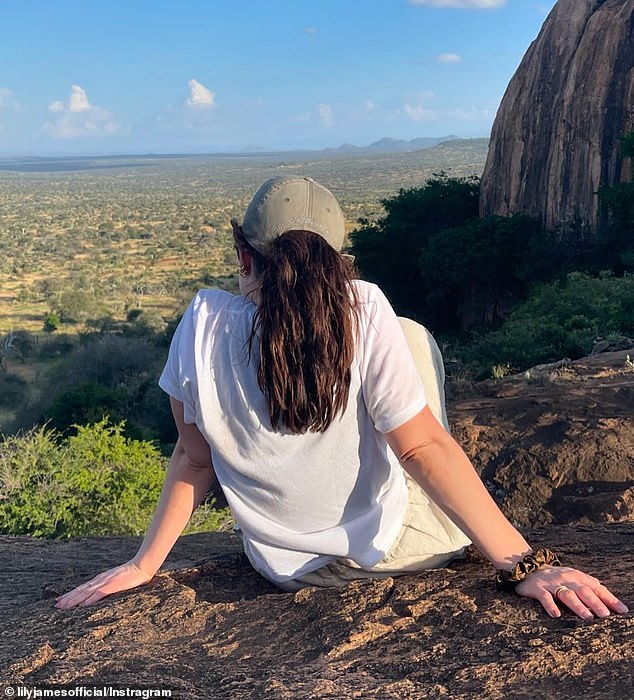 The Pam & Tommy actress shared a series of photos of herself exploring the Kenyan landscape, driving a jeep through parks and taking in the vast mountain ranges.