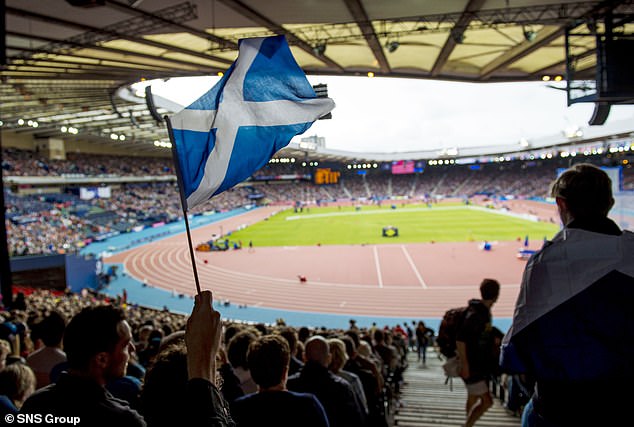 A Saltire flies during the Hampden Park Athletics trials in 2014