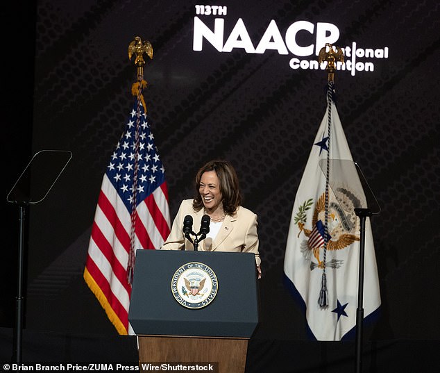 Vice President KAMALA HARRIS speaks to the audience during the 113th NAACP Convention