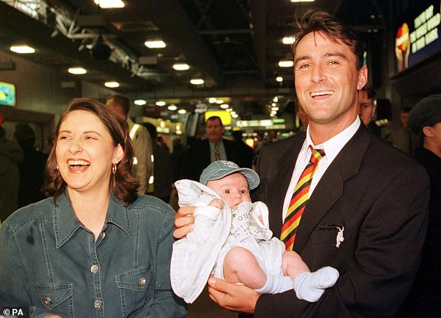 Graham Thorpe with his first wife Nicola and eldest son Henry at Heathrow Airport after returning from England's tour of New Zealand in 1997