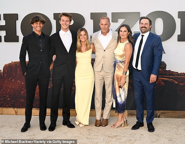 Kevin's public outings with his children are rare, but he and several of his kids did put their heads together in June at the premiere of Horizon: An American Saga - Chapter 1; pictured with (l-r): Hayes, Cayden, Grace, Annie and Joe Tedrick Costner in June in Los Angeles.