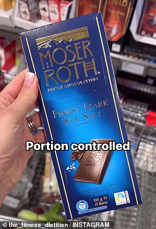 The dietitian eats Moser Roth's Dark Chocolate Sea Salt Mini Bars because they are portion controlled and low in calories.