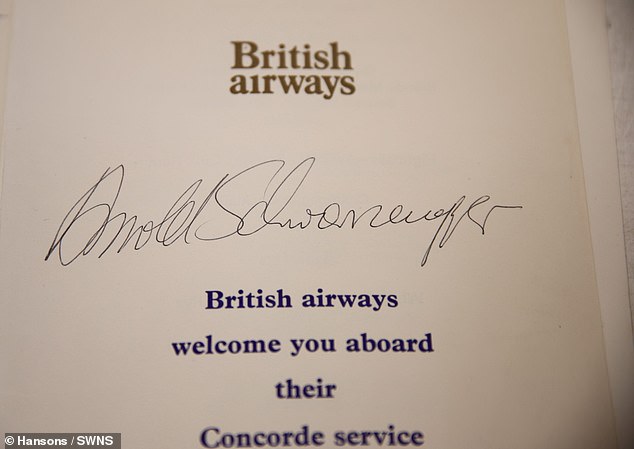 Arnold Schwarzenegger's signature was among the memorabilia from celebrities and royalty collected aboard Concorde.