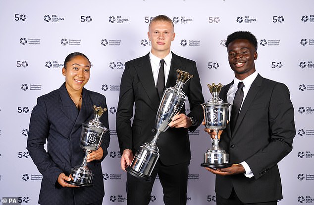 Lauren James (left) won last year's Young Player of the Year award, while Arsenal's Bukayo Saka (right) received the male equivalent.