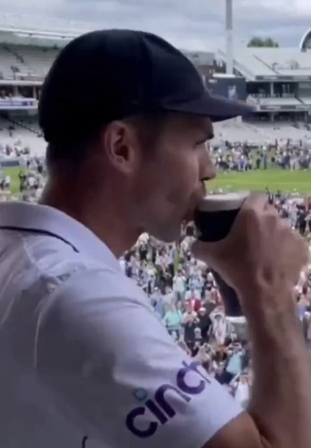 Anderson hilariously drank a pint of Guinness on the balcony at Lord's after his final Test match.