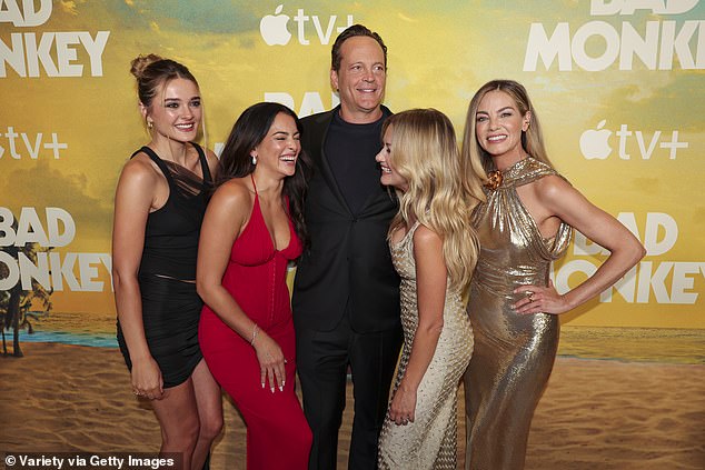 The cast was all smiles as they posed for photos together; pictured: LR Charlotte Lawrence, Natalie Martinez, Vince Vaughn, Meredith Hagner and Michelle Monaghan