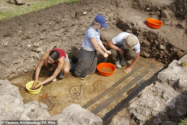 In the image, archaeologists cleaning the amazing mosaic, which would have been commissioned by 