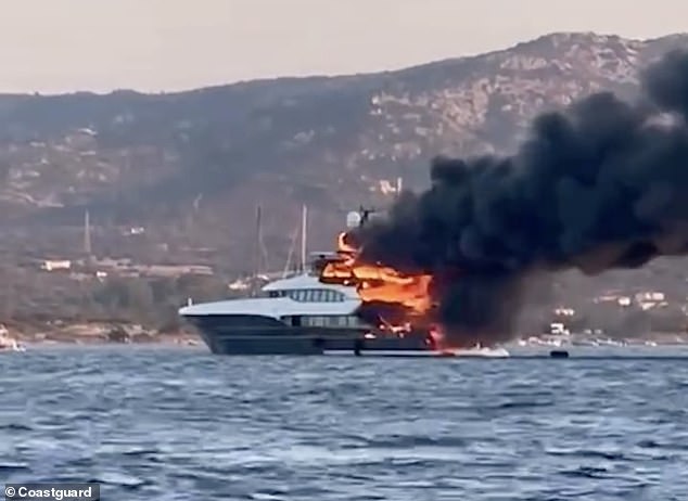 Sixteen passengers and crew managed to escape the Atina before it was completely engulfed in flames on Saturday evening while moored in the Gulf of Olbia.