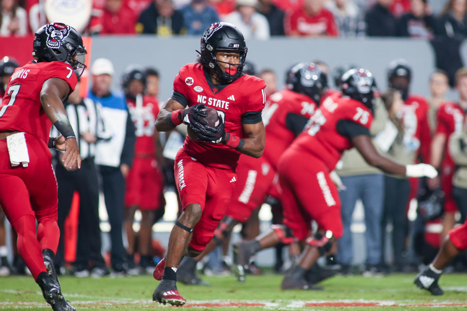 RALEIGH, NC - NOVEMBER 04: North Carolina State Wolfpack wide receiver Kevin Concepcion (10) catches a pass in the college football game between North Carolina State Wolfpack and the Miami Hurricanes on November 04, 2023 at Carter-Finley Stadium in Raleigh, North Carolina. (Photo by Nicholas Faulkner/Icon Sportswire via Getty Images)