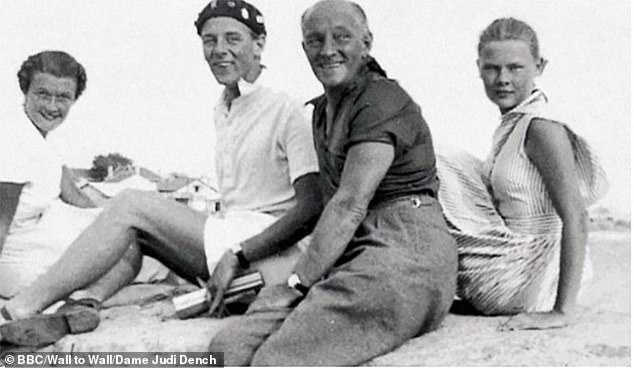 Pictured: Dame Judi Dench on family holiday in France. From left to right, her sister-in-law Daphne, her brother Jeffrey, her father Reginald and Dame Judi Dench