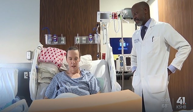 He is pictured above in the hospital with his doctor, Dr. Andrew Benedict, who is a trauma surgeon.