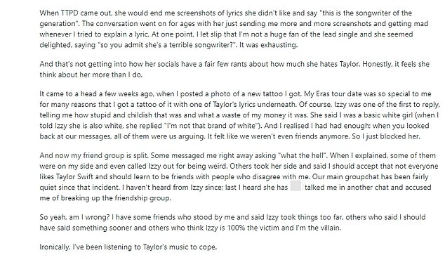 The 25-year-old took to Reddit to share her frustrations about her 26-year-old friend Izzy, who didn't like the Shake It Off hitmaker's music.