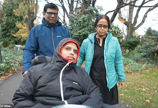 Mr Deka (pictured) says his main goal is to be able to walk on his own again, and his parents (pictured left and right) will travel between India and Australia to monitor his progress.