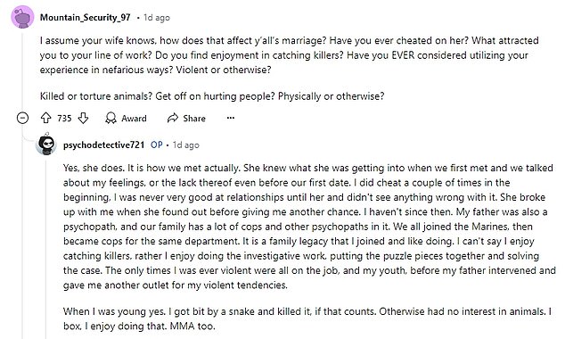 The anonymous police officer revealed that he was married to a marriage counselor and has a daughter, who was also diagnosed as a psychopath.