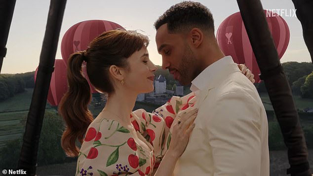 The Emily In Paris season 4 trailer reveals the love triangle between Lily Collins' Emily (left) and Alfie (Lucien Laviscount, right) and Gabriel (Lucas Bravo).