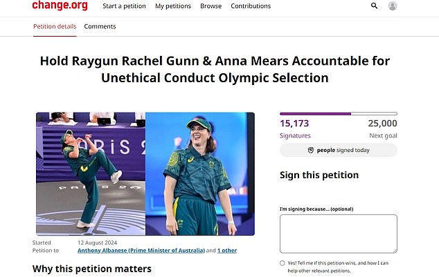 A petition demanding a public apology from Australian breakdancer and Paris Olympics chair Anna Meares has received more than 15,100 signatures (pictured)