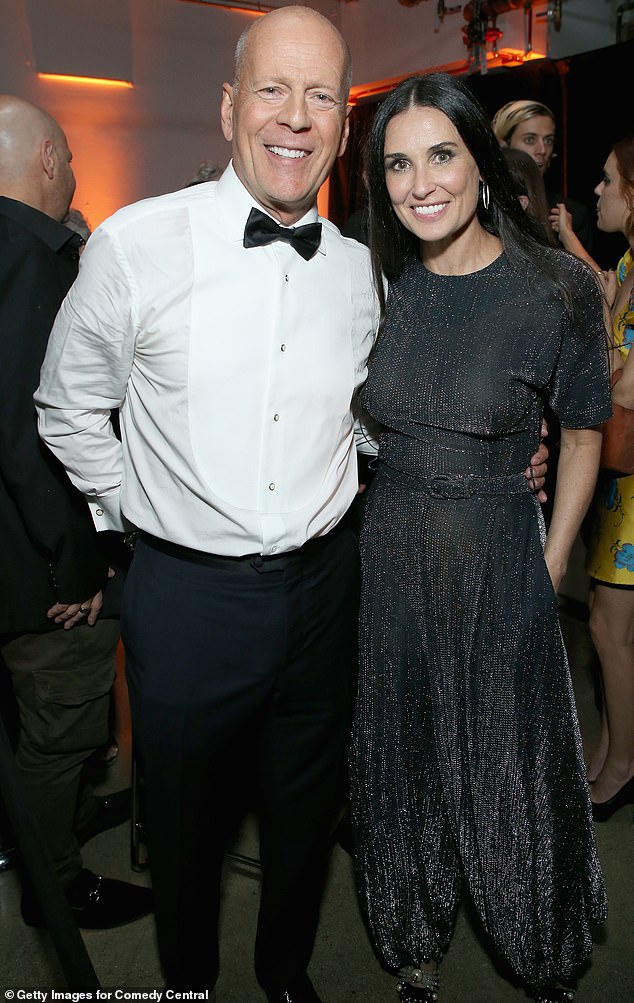 Bruce and Demi were married from 1987 to 2000 and have remained friendly co-parents to their three children – they are pictured at their Comedy Central Roast in 2018.