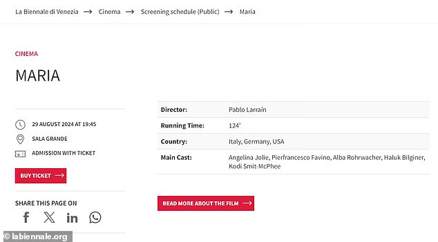 Meanwhile, the Oscar-winning actress plays legendary opera singer Maria Callas in Pablo Larraín's 1970s-set biopic Maria, which screens at the festival three days earlier on August 29.