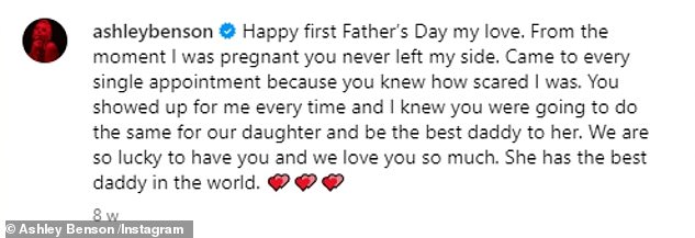 For Father's Day, the actress posted a gushing tribute to her husband alongside a photo of him holding their daughter Aspen while wearing a cream-colored sweater and a pair of dark sunglasses.